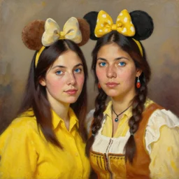 oil painting of a beautiful assiniboine mandan and german woman with blue eyes and dark brown hair, wearing a yellow shirt and a yellow disneyland headband