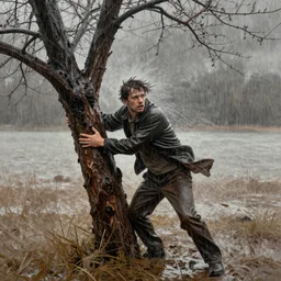 The performance art shows a man caught in a storm, buffeted by wind and rain. He clings to a tree for support, but the tree is bent nearly double by the force of the storm. The man's clothing is soaked through and his hair is plastered to his head. His face is contorted with fear and effort. burnt sienna by Adonna Khare, by Syd Mead turbulent