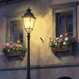 florence italy in 1 8 2 0, a nightingale bird sits on a lamp - post at dawn, flowers in window boxes, finely detailed perfect art, gapmoe yandere grimdark, trending on pixiv fanbox, painted by greg rutkowski makoto shinkai takashi takeuchi studio ghibli
