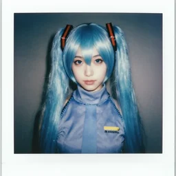 photo of hatsune miku as a real Japanese woman in a turtleneck, 1972, blue hair, polaroid