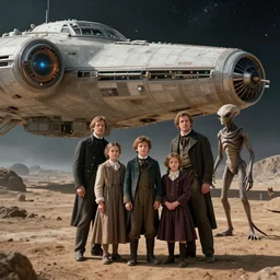 sharp, detailed, 512k film still from a sci fi blockbuster color movie made in 2019, set in 1860, of a family standing in front of a spaceship that has just landed on an alien planet, a humanoid alien creature stands nearby, the family are all wearing 1860s era clothes, good lighting, good photography, sharp focus