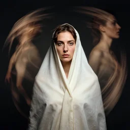 a portrait of a woman draped in fabric by peter mohrbacher and jenny saville and roberto ferri, dramatic, dynamic lighting, sharp focus, motion, symmetrical features