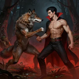 a male werewolf fighting a young fit male vampire in a dark forest at night, by greg rutkowski and alphonse mucha, gradient brown to red, highly detailed, digital painting, artstation, concept art, smooth, sharp focus illustration