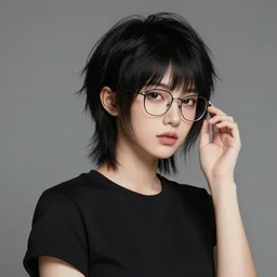 portrait of an asian trans girl with very black hair in a shag haircut, wearing glasses, wearing a black t-shirt, digital art, elegant pose, masterpiece