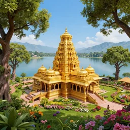 an ancient hindu temple made of gold in serene floral environment alongside a beautiful lake, bright blue sky, art deco, oak trees, mountainous background, distant, high angle, wide angle, global illumination, trending on artstation, octane render, cgsociety, surrealist, cinematic, unreal engine 5