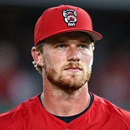 tall white guy with a short blonde beard red nc state baseball hat and red shirt