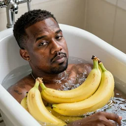 Kanye West taking a bath in a bathtub full of bananas, 4k, detailed face, high detail