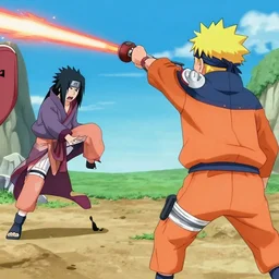 naruto in action perspective jumps from left corner of the screen attacking jiraya with rasengun. jiraya is scared and tries to cast defensive jutsu. jiraya stays backward to spectator.