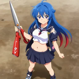 anime girl with fark blue hair with a red streak, she is smiling, confident, wearing a school uniform, you can see her belly the top has anime demon eyes, she wear sneakers and she is holding a giant iron red half scissor
