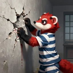 an anthropomorphic red - and - black weasel - ferret - stoat fursona / furry ( from the furry fandom ) dressed in prisoner's regalia, scratching and chiseling on a prison cell wall creating cracks and impressions, paint flows through the nooks and crannies, art style : paul lehr and joe jusko gone dark
