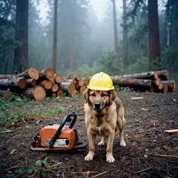 sad puppy in hard hat standing next to saw, clear cutting logging operation, fog, old growth forest, ektachrome, photo from 1 9 9 8,