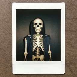 shot of a sceleton in a hoodie in 80s, Polaroid photo, by Warhol