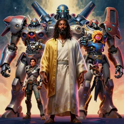 stylish caricature 3 d vfx drew struzan movie poster art of an african jesus surrounded by giant mecha, art style by james jean & hsiao ron cheng, unreal engine render, digital illustration, sharp, intricate detail, volumetric lighting, ray tracing, soft light, neon, claymation style, utagawa kunisada style, symmetry, acrylic on canvas, pinterest, artstation