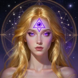 a gallent goddess with glowing purple third eye chakra and golden hair, geometric third eye triangle, sci - fi face, constellation geometry mandal background, breathtaking stars, elegant, highly detailed, digital painting, artstation, concept art, smooth, sharp focus, spiritual art, art by artgerm and greg rutkowski and alphonse mucha, psychedelic