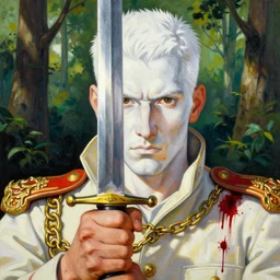 portrait of a hero holding his sword in front of his face by yoji shinkawa, high quality, extra details, realism, ornate, colored, golden chain, blood, white skin, short hair, brown eyes, vivid, sunlight, dynamic, american man, freedom, white american soldier, painting, futurist, military, forest scenery