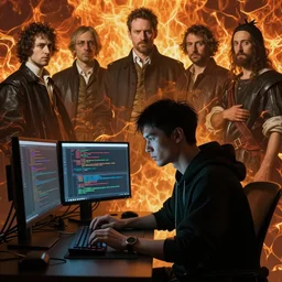dark cyberpunk man coding, by ayami kojima, by francis bacon, by theodore gericault, by karol bak, greg hildebrandt, by mark brooks, by alex grey, by zdzisław beksinski, by caravaggio, wrapped thermal background