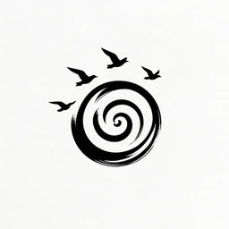 a minimalist stylised tattoo design of a spiral with flying birds, representing liberty, ink, black watercolour, line art, calligraphy