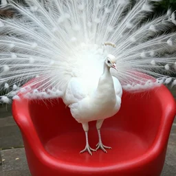 a white peacock uses chopsticks on a round red banana chair