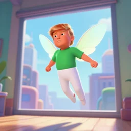 little ginger donald trump, wearing white pants and green shirt, floating in air in a room, cfairy wings, loseup, modern city through window, concept art, artstation, disney, pixar, dreamworks, anime, tyler edlin, feng zhu, jparked, thomas karpi
