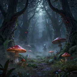 spooky forest with poisonous mushroom and plants, mist, tim burton, disney, unreal engien