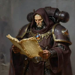 painting of a cloaked tech priest reading old scriptures about long lost forgotten knowledge, adeptus mechanicus, cybernetic enhancements, zdzislaw beksinski, lewis jones, dariusz zawadzki, wayne barlow, warhammer 4 0 k, concept art, digital painting