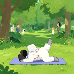 a still frame illustration of a an astronaut dog doing yoga in a summer green park by quint buchholz, cheng hsiao - ron, wes anderson, fujita goro, edward hopper, rene magritte