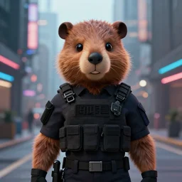 beautiful furry art portrait commission of a female furry anthro beaver fursona wearing a tactical swat uniform in the streets of a cyberpunk city at night in the snow. neon light. character design by charlie bowater, ross tran, artgerm, and makoto shinkai, detailed, inked, western comic book art