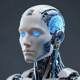 an artificial robot made in the shape of a man, the face of a man consisting of technology lines and circuits, artificial robot, artificial intelligence, iron brain
