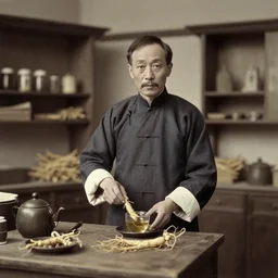 Portrait of a 19th century Chinese man preparing a ginseng tea in an old traditional Chinese medicine store, 1900s photography