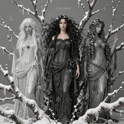 3 goddesses symbolizing the months of december, january and february, different hair colors, style mix of æon flux, shepard fairey, botticelli, john singer sargent, pre - raphaelite, shoujo manga, branches, snow, ice, dark muted colors, superfine ink detail, ethereal, 4 k photorealistic, arnold render
