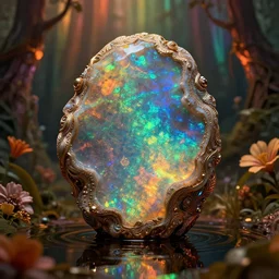 iridescent opal monolith made of opal inside a large hole, moody, warm tones, water reflection, opalescent lush borealis forest with flowers : : dan mcpharlin, daniel merrian : : ornate, dynamic, particulate, rich colors, intricate, elegant, highly detailed, centered, artstation, smooth, sharp focus, octane render, d