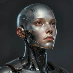 Professional digital painting of portrait of android with metal face looking hopefully trending on Artstation by Maciej Kurciara, sci-fi, futuristic