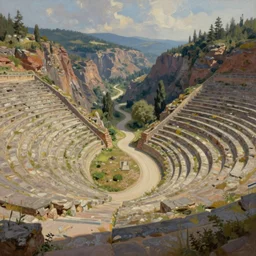 a winding path through an amphitheater - like valley, extremely detailed oil painting, unreal 5 render, digital art, landscape painting, octane render, beautiful composition, trending on artstation, award winning photograph, masterpiece