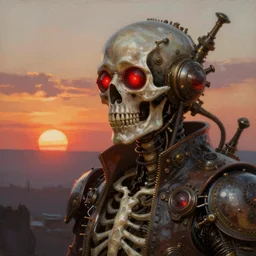 steampunk skeleton with glowing red eyes , backlight sunset artstation bery detailed complex intricate oil painting by greg rutkowski  beksinski