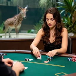 Cleopatra playing poker and winning in a zoo, Realistic photograph