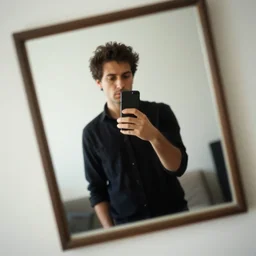 a man taking a selfie in front of a mirror, a tilt shift photo by leandro erlich, featured on cg society, kitsch movement, hall of mirrors, high dynamic range, studio portrait