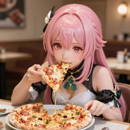 Kokomi eating pizza, game graphics, highly detailed, genshin impact