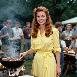 an image of a queen with tan skin long rippling cinnamon hair and emerald colored eyes attending a barbecue for youth volunteers in a medium full shot, vintage historical fantasy 1 9 3 0 s kodachrome slide german and eastern european mix. the queen is pictured appearing happy and proud to be there. she is dressed in a yellow midi shirt dress paired with a floral classic pump.