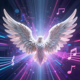 beautiful white angel wings at the center spread out and background is surrounded by epic neon glitch effect with music notes digital art dynamic dramatic lighting, soft lighting, imagine fx, artstation, cgsociety, by Bandai Namco artist the style of deduoze,WLOP, artgerm, yasutomo oka, rendered in unreal engine and redshift octane ,instagram, zbrush central, neon vibe landscape