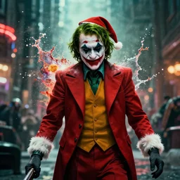 the joker as santaclaus!! in gears of war, splash art, warzone, dystopian, movie still, cinematic lighting, dramatic, octane render, long lens, shallow depth of field, bokeh, anamorphic lens flare, 8 k, hyper detailed, 3 5 mm film grain