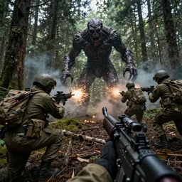 found footage of a soldier and his squad fighting an unidentified monster, horror, dark, realistic style, concept art, trending, forest, first person view, high detail, high resolution