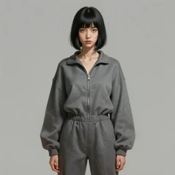 portrait of a young woman by greg rutkowski, she is about 2 0 years old, mixture between russian and japanese, pretty, black bob hair with two strands around her face, very tall and slim, wearing a oversized jumper jumpsuit, highly detailed portrait, digital painting, artstation, concept art, smooth, sharp foccus ilustration, artstation hq