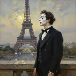 steve buscemi as a mime in paris. gouache fairytale art, russian romanticism, muted palette, backlighting, depth of field