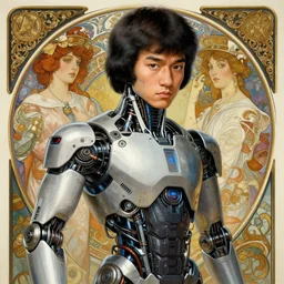 a beautiful illustration of a young cybertronic jackie chan, intricate, sharp focus, illustration, highly detailed, digital painting, concept art, matte, art by wlop and artgerm and greg rutkowski and alphonse mucha, masterpiece