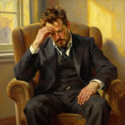 oil painting of tony stark with his hand on his forehead, distressed, sitting in an armchair in a room with the setting sun, by thomas kinkade, rembrandt, golden hour
