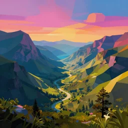 low poly, surrealist lights, psychedelic sound, mountain valley