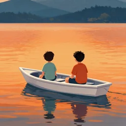 Two siblings riding a boat over a fiery lake
