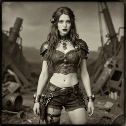 daguerreotype of beautiful steampunk girl, white skin, long brunette hair, lipstick, short pants, belts, croptop, junkyard, high fantasy, highly detailed, digital illustration, by rossdraws, sakimichan frank franzzeta