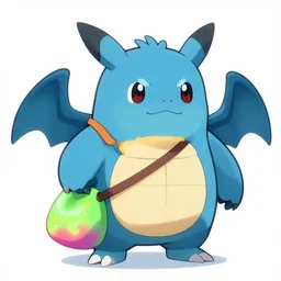 a cute + cartoon + monster + pokemon + smile face + strong wings + carrying neon bag, anime, comic, unreal engine 5, 4 k,