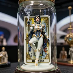 cinestill 5 0 d, 8 k ; esoteric ultra realistic major arcana in the expanse ( 2 0 2 0 ) film still space dj live scene in frontiers in commercial porcelain photo fashion film still june seinen manga closeup 3 / 4 portrait edition, hyperrealistic real - life smoking cyborg pilot tarot card porcelain occult figurine in victorian glass jar, pointe pose, third eye contact, tilt shift wide shot zaha hadid background